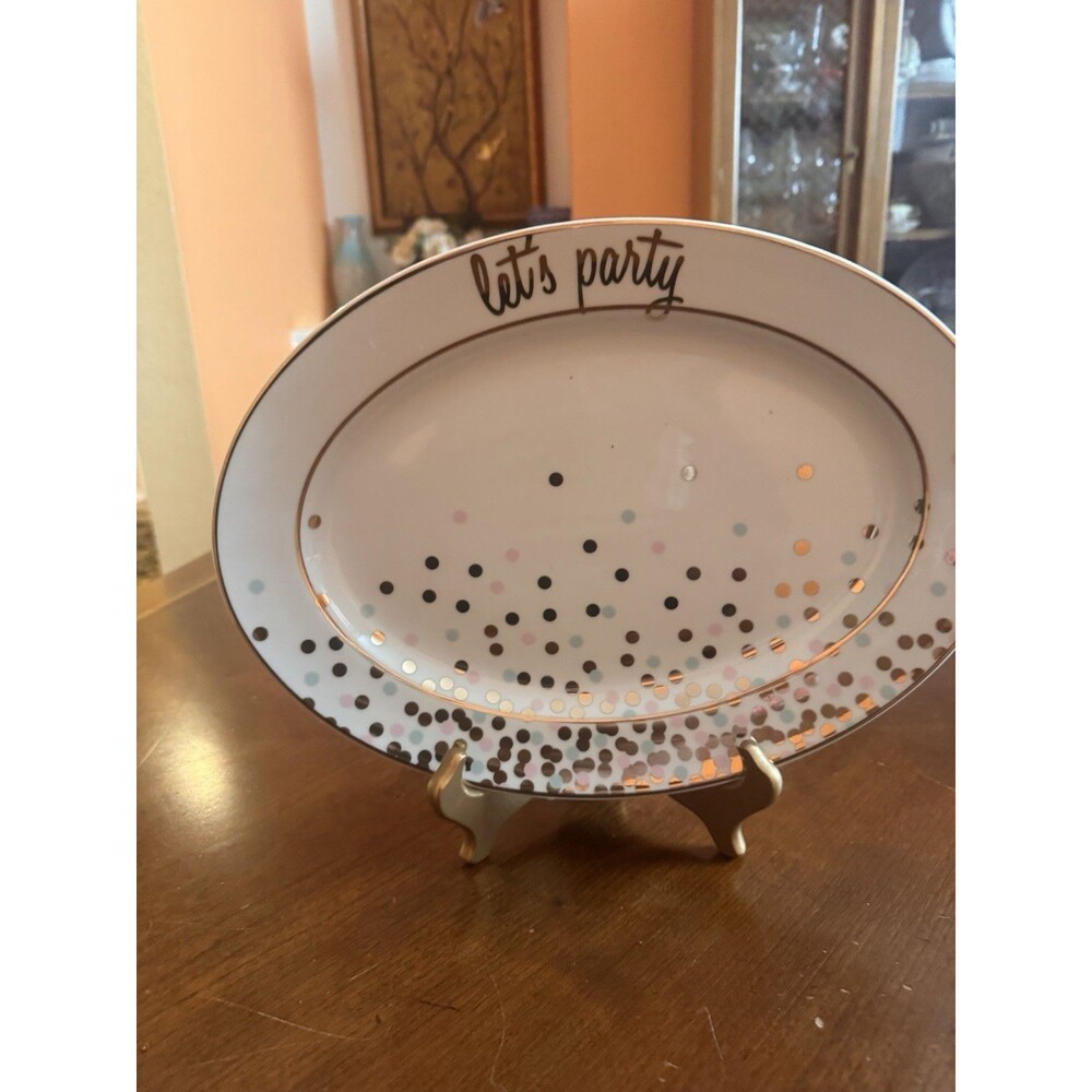 8 Oak Lane 14x10.5 Oval ‘Let's Party’ Serving Platter:  Gold/Pink/Blue Dots